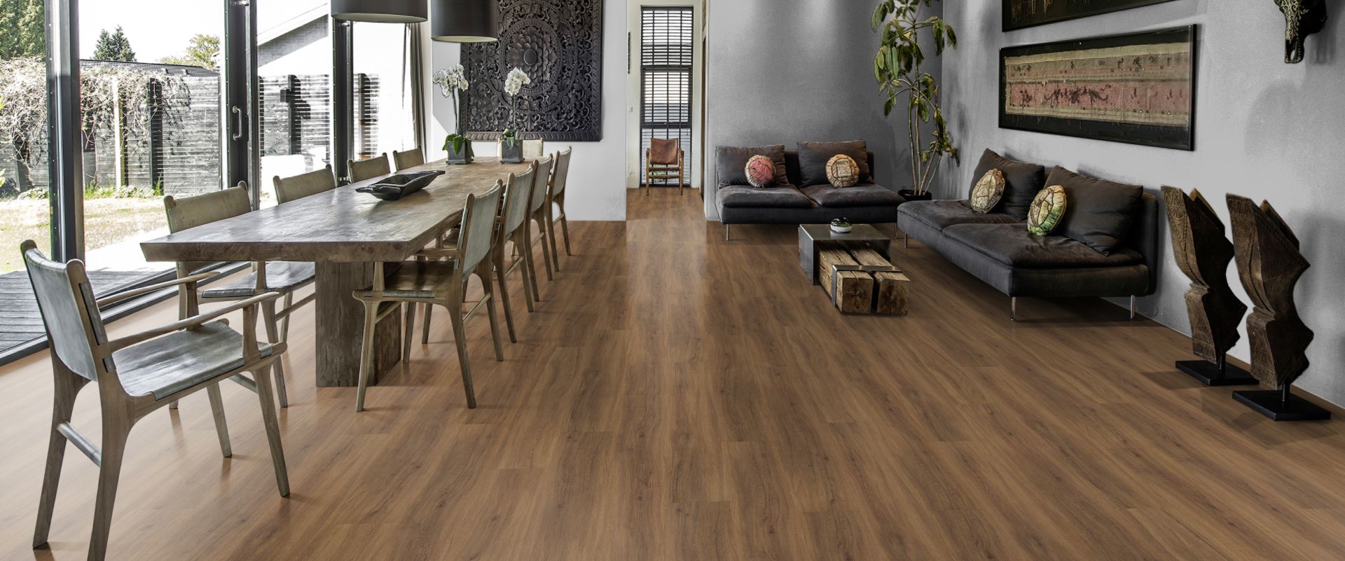 Кварцвиниловый SPC ламинат Kahrs Luxury Tiles Click 5 mm Redwood CLW 172 1210×172×5 фото в интерьере