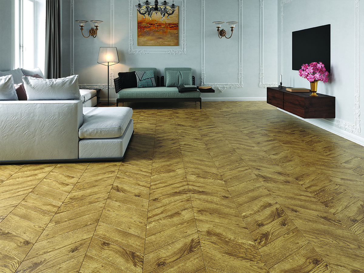 Инженерная доска Gran Parte Дуб Амбра Ambra 012 натур-классик французская елка 460×110×15 фото в интерьере