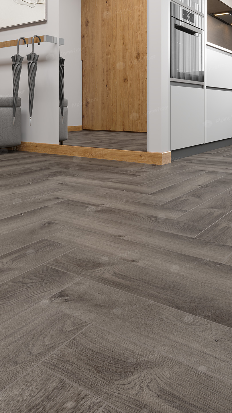 Кварцвиниловый SPC ламинат Alpine Floor Parquet Light Дуб Мерга ECO 13-13 венгерская елка 600×125×4 фото в интерьере