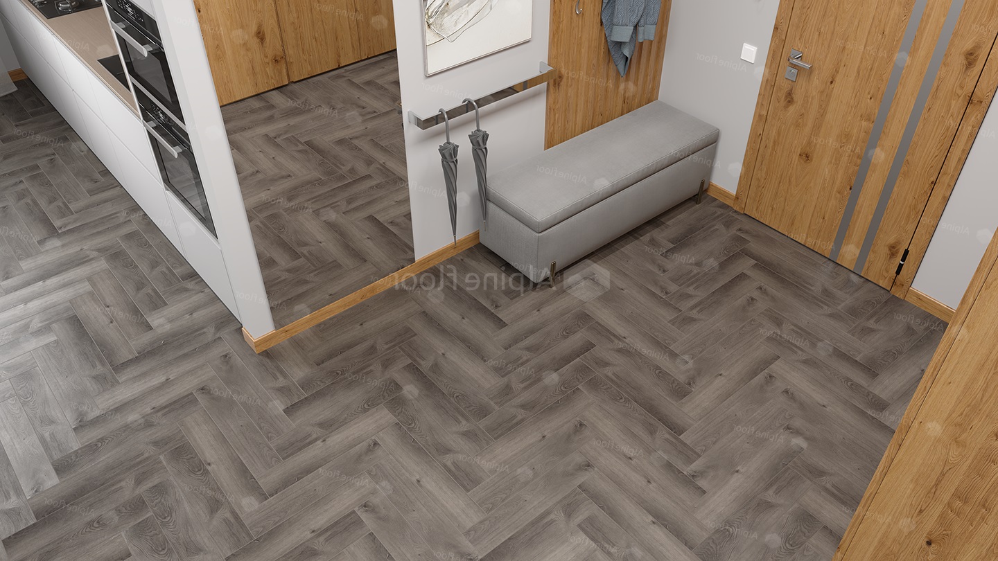 Кварцвиниловый SPC ламинат Alpine Floor Parquet Light Дуб Мерга ECO 13-13 венгерская елка 600×125×4 фото в интерьере