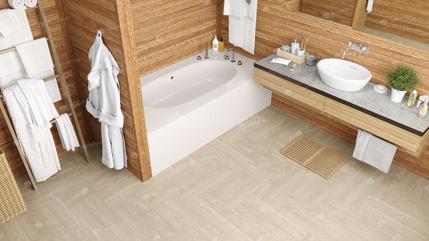 Кварцвиниловый SPC ламинат Alpine Floor Parquet Light Дуб Адара ECO 13-14 венгерская елка 600×125×4 фото в интерьере