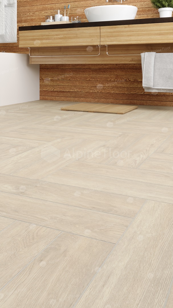 Кварцвиниловый SPC ламинат Alpine Floor Parquet Light Дуб Адара ECO 13-14 венгерская елка 600×125×4 фото в интерьере