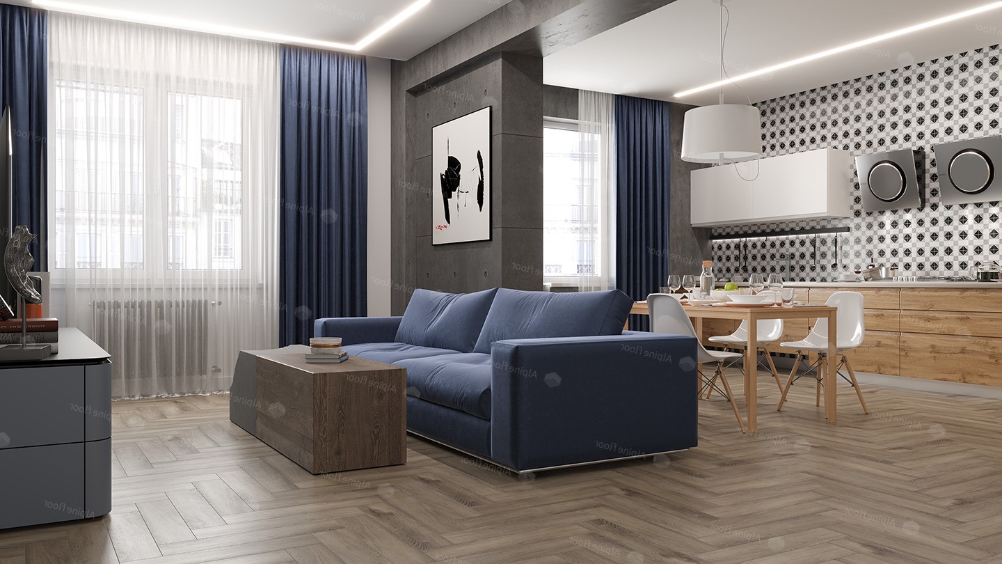 Кварцвиниловый SPC ламинат Alpine Floor Parquet Light Дуб Исида ECO 13-15 венгерская елка 600×125×4 фото в интерьере