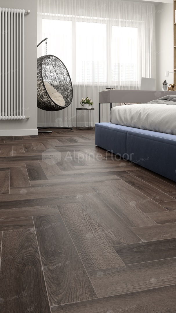 Кварцвиниловый SPC ламинат Alpine Floor Parquet Light Дуб Фафнир ECO 13-16 венгерская елка 600×125×4 фото в интерьере