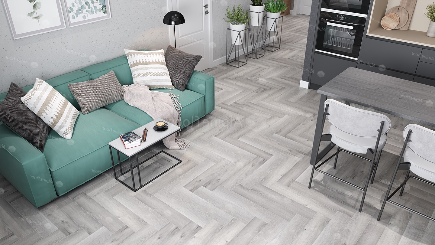 Кварцвиниловый SPC ламинат Alpine Floor Parquet Light Дуб Лейтена ECO 13-18 венгерская елка 600×125×4 фото в интерьере