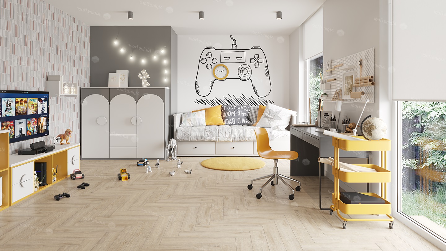 Кварцвиниловый SPC ламинат Alpine Floor Parquet Light Дуб Медия ECO 13-20 венгерская елка 600×125×4 фото в интерьере