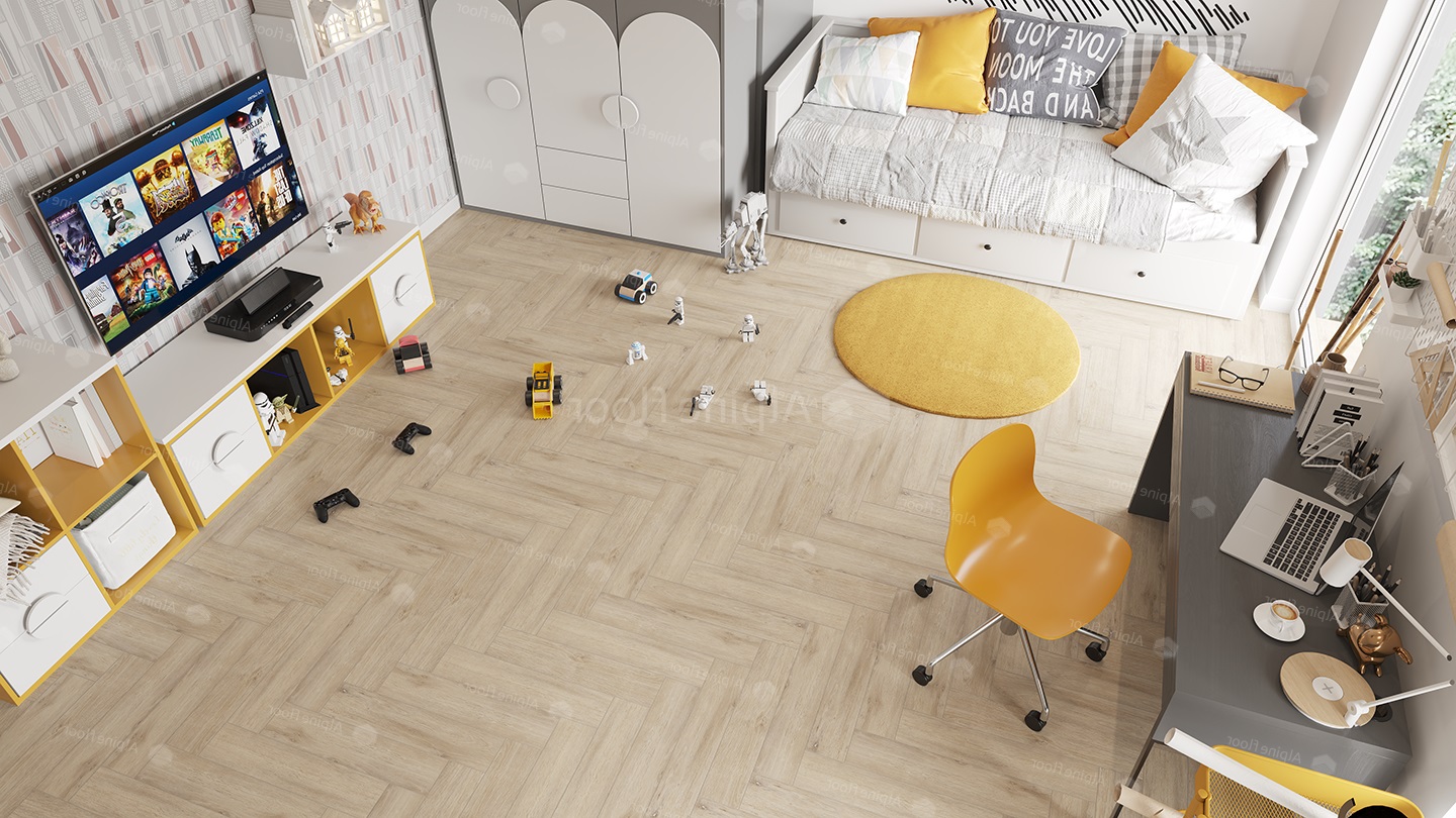 Кварцвиниловый SPC ламинат Alpine Floor Parquet Light Дуб Медия ECO 13-20 венгерская елка 600×125×4 фото в интерьере