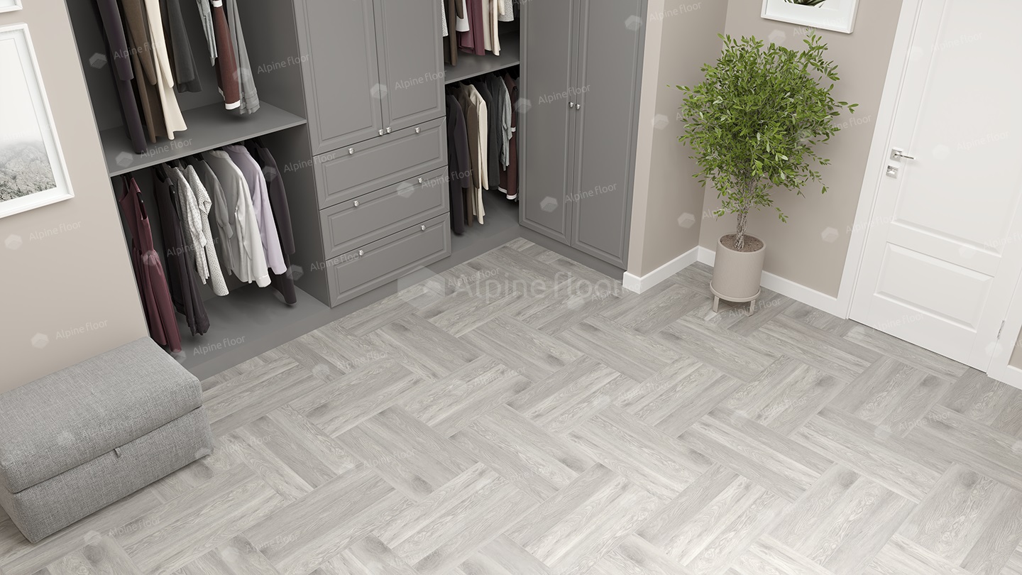 Кварцвиниловый SPC ламинат Alpine Floor Parquet Light Дуб Полис ECO 13-21 венгерская елка 600×125×4 фото в интерьере