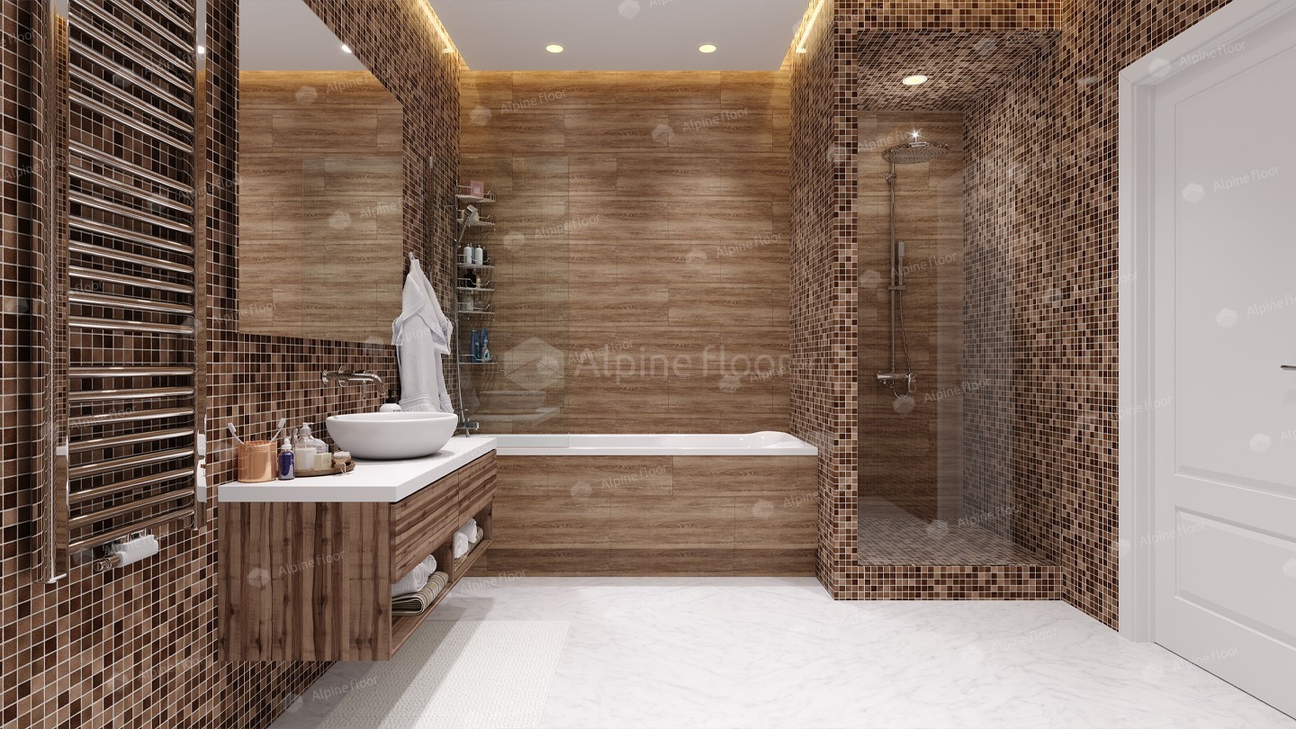 Кварцвиниловая плитка Alpine Floor клеевая Grand Stone Дымчатый Лес глянцевый ECO 8-1-1 470×470×3 фото в интерьере