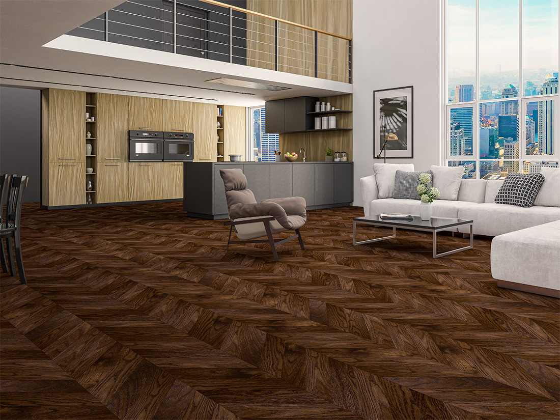 Инженерная доска Gran Parte Дуб Тоскана Toscana 022 натур-классик французская елка 460×110×15 фото в интерьере