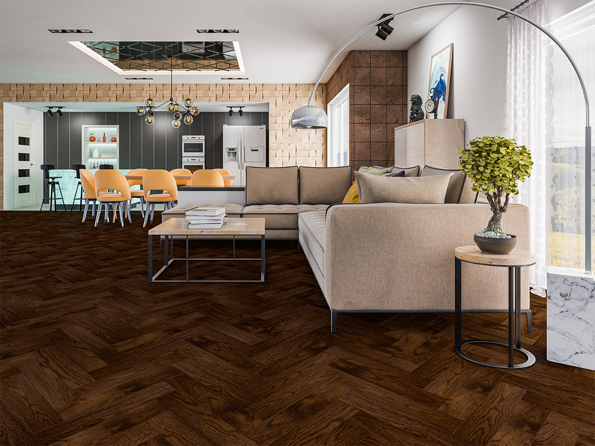 Инженерная доска Gran Parte Дуб Тоскана Toscana 022 натур-классик венгерская елка 550×110×15 фото в интерьере