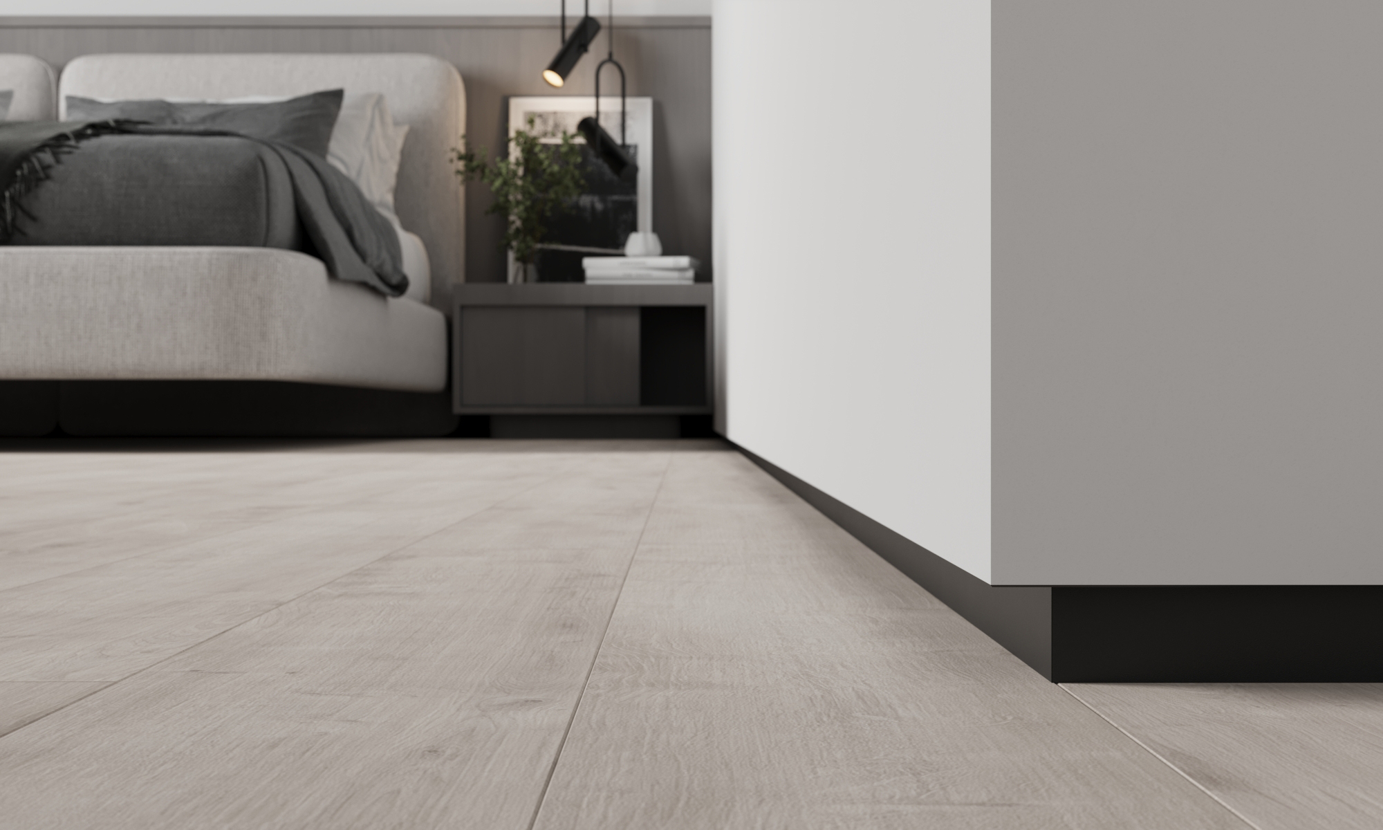 Плинтус алюминиевый скрытый Ликорн C-04.2.3 черный с подсветкой 2050×105×13,3 фото в интерьере