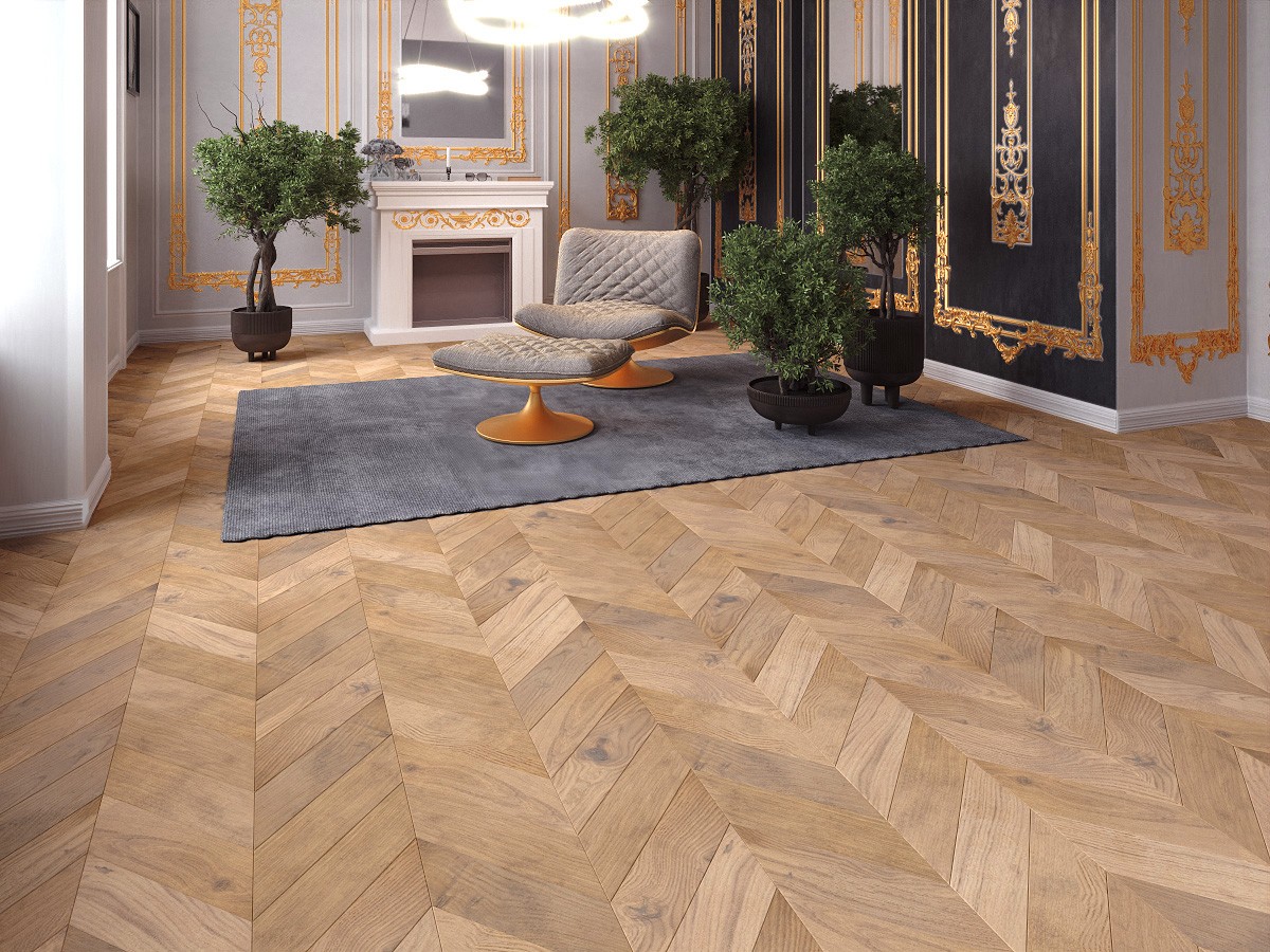 Инженерная доска Gran Parte Дуб Дольче Dolche 011 натур-классик французская елка 460×110×15 фото в интерьере