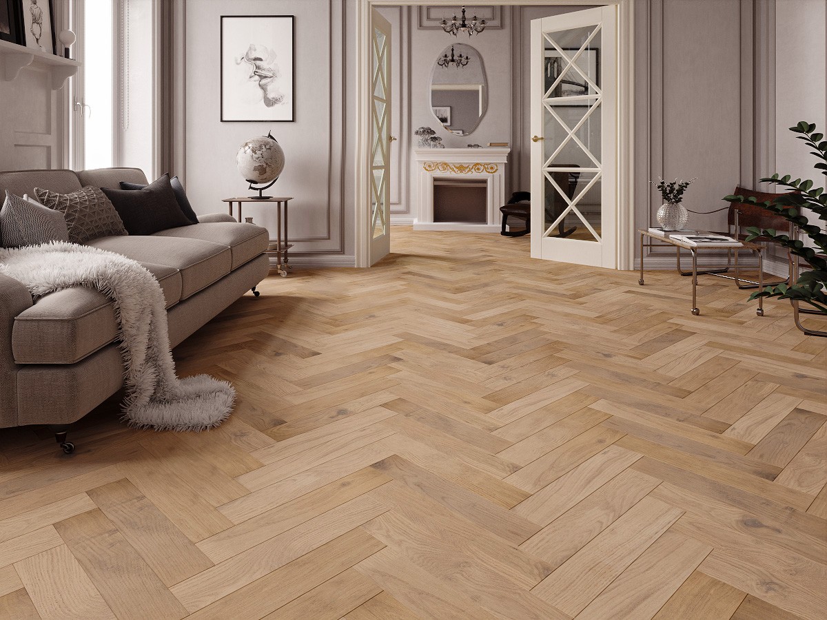 Инженерная доска Gran Parte Дуб Дольче Dolche 011 натур-классик венгерская елка 550×110×15 фото в интерьере