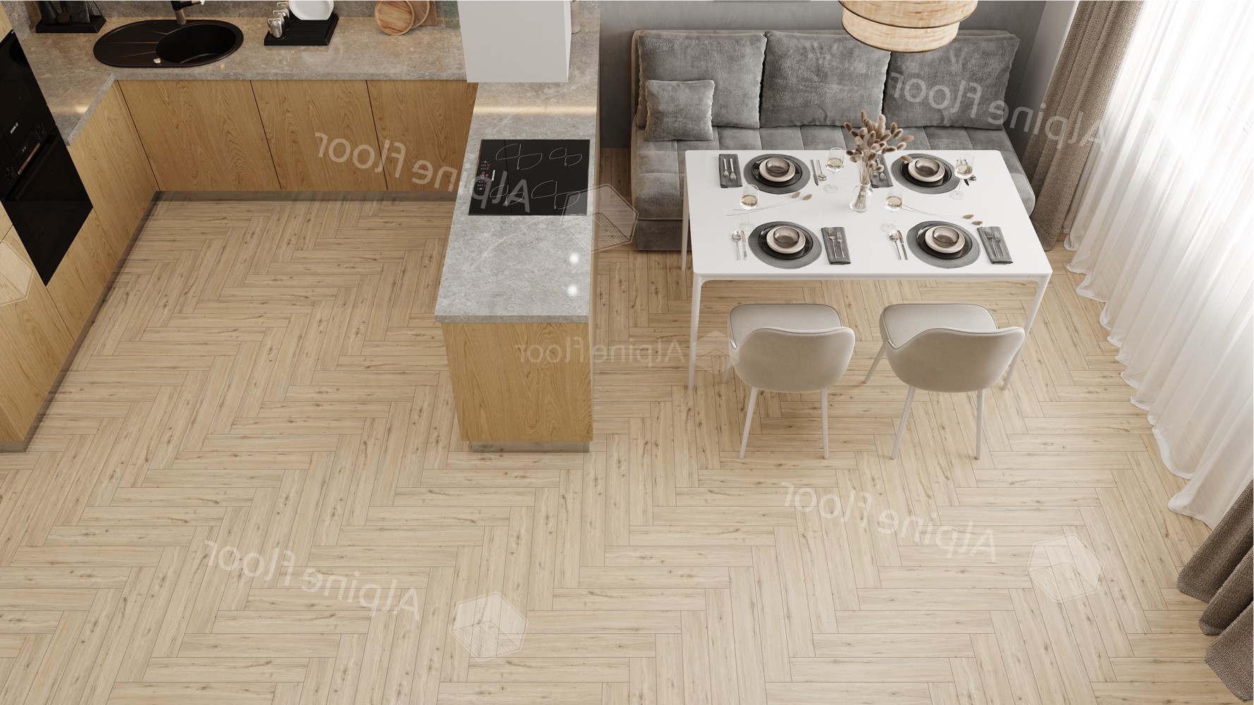 Ламинат Alpine Floor Herringbone 8 PRO Дуб Лион LF102-01 венгерская елка 606×101×8 фото в интерьере