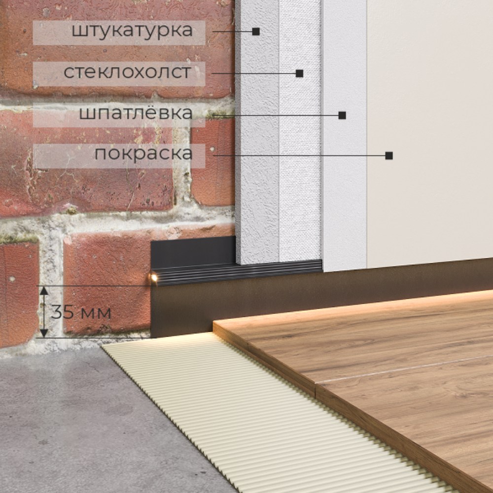 Плинтус алюминиевый теневой Ликорн C-08.2.3 черный с подсветкой 2050×60×13,3