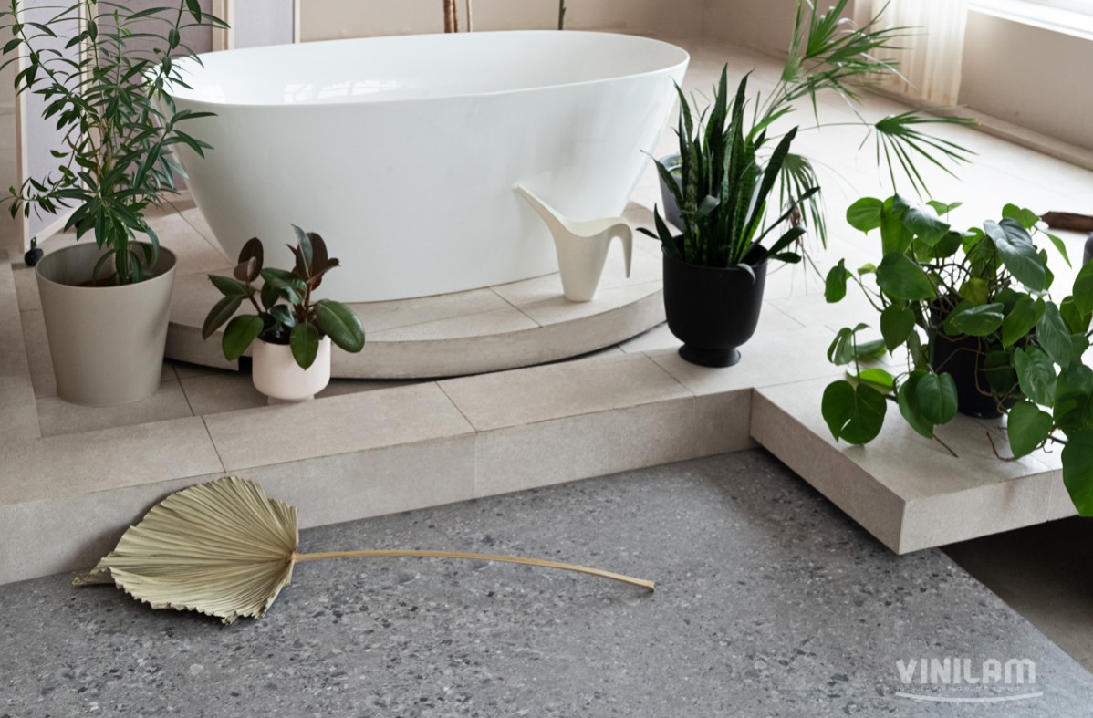 Кварцвиниловый SPC ламинат Vinilam Ceramo Stone Терраццо 71613 940×470×6 фото в интерьере