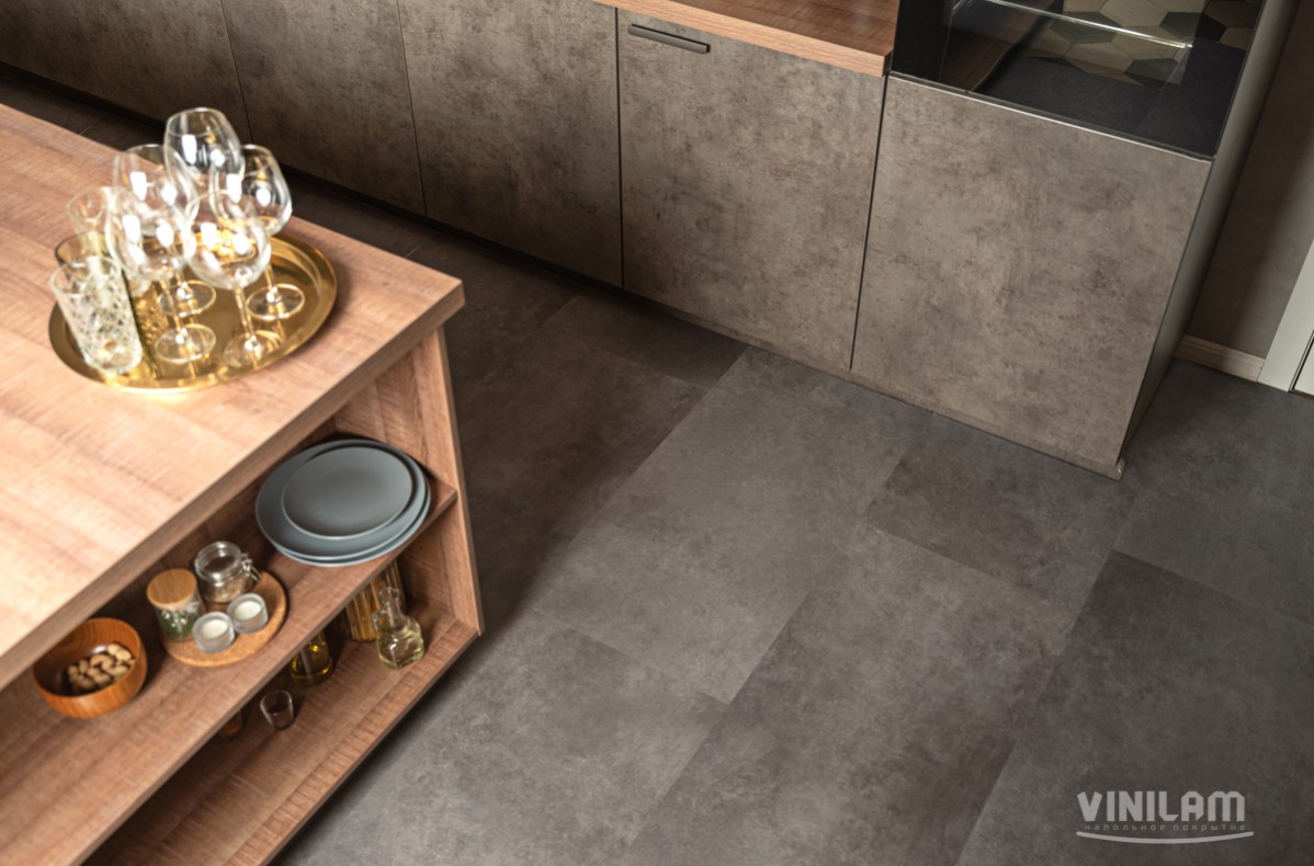 Кварцвиниловая плитка Vinilam клеевая Ceramo Stone Glue Цемент Cтальной 71610 950×475×2,5 фото в интерьере