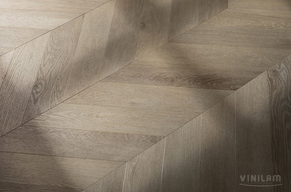 Кварцвиниловый SPC ламинат Vinilam Parquet Chevron Шеврон Сезар RI4445118CL4 французская елка 1293×305×8,5 фото в интерьере