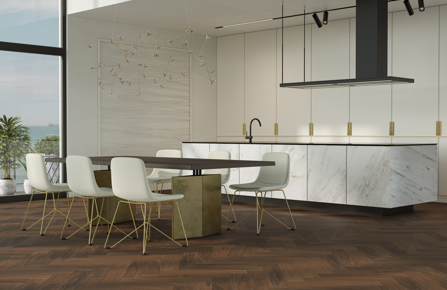 Композитная паркетная доска Quartz Parquet Елка Орех американский 33-400-29 венгерская елка 635×127×5 фото в интерьере