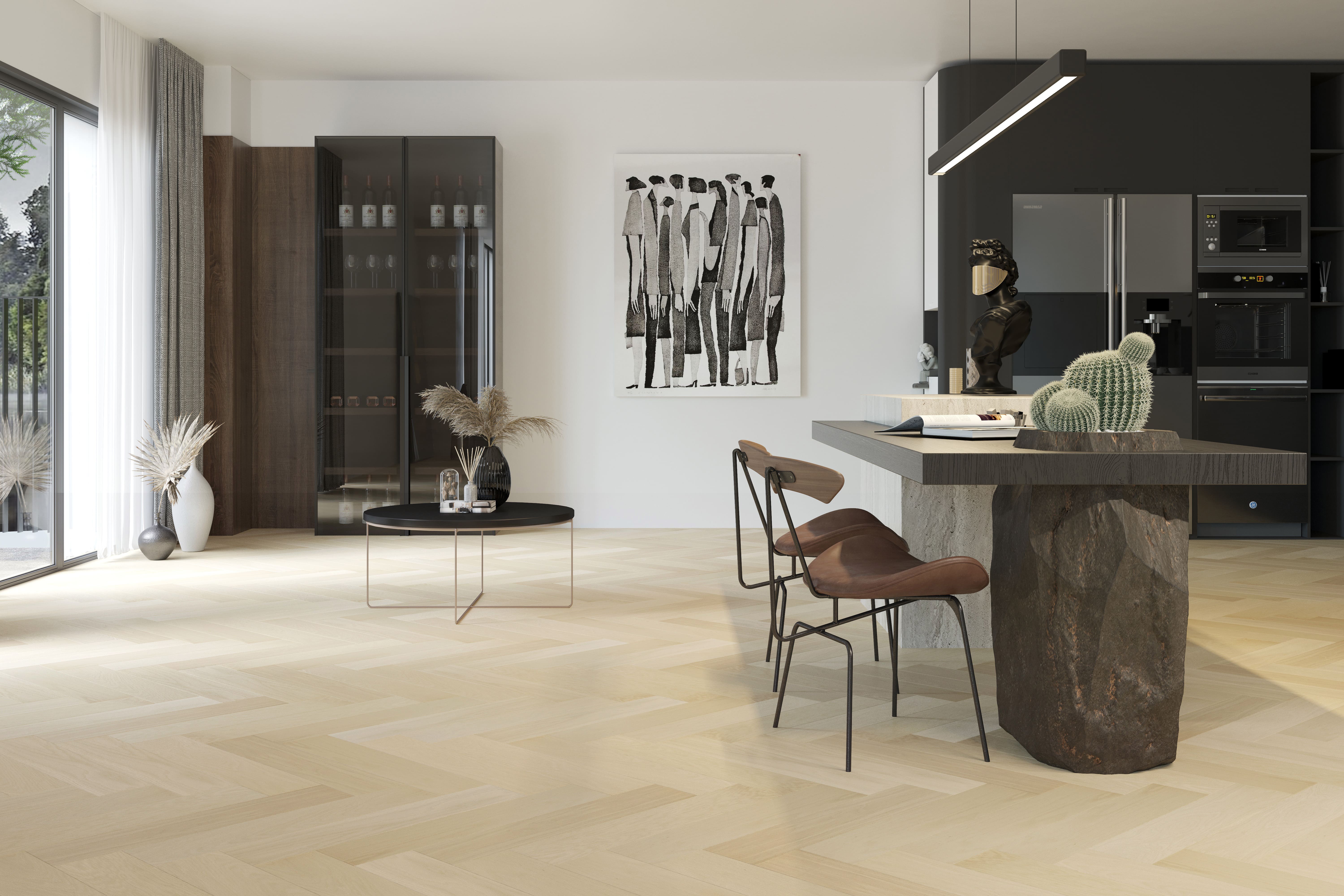 Композитная паркетная доска Quartz Parquet Елка Дуб испанский 33-404 венгерская елка 635×127×5 фото в интерьере