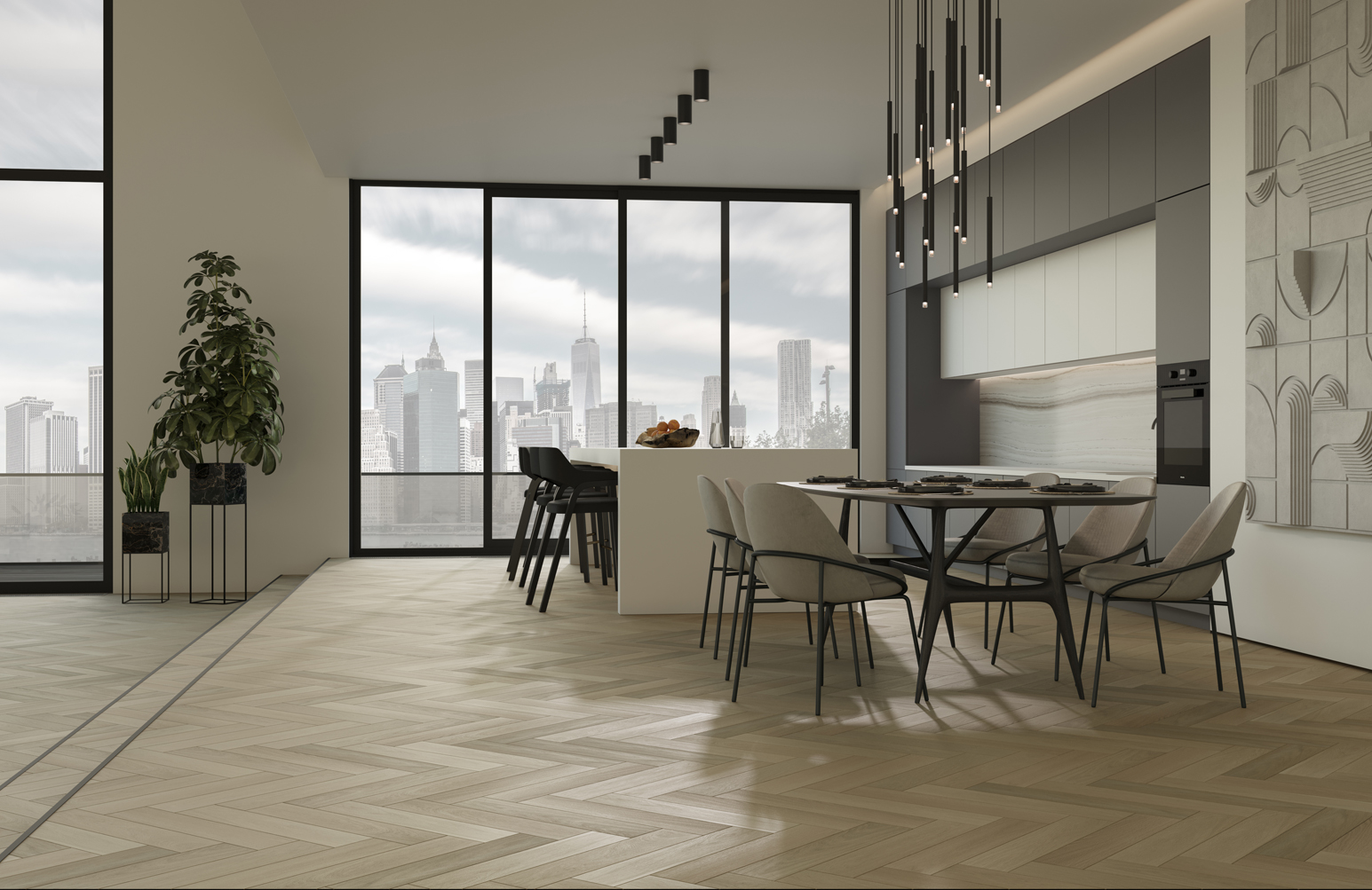 Композитная паркетная доска Quartz Parquet Елка Дуб лимба 33-405 венгерская елка 635×127×5 фото в интерьере