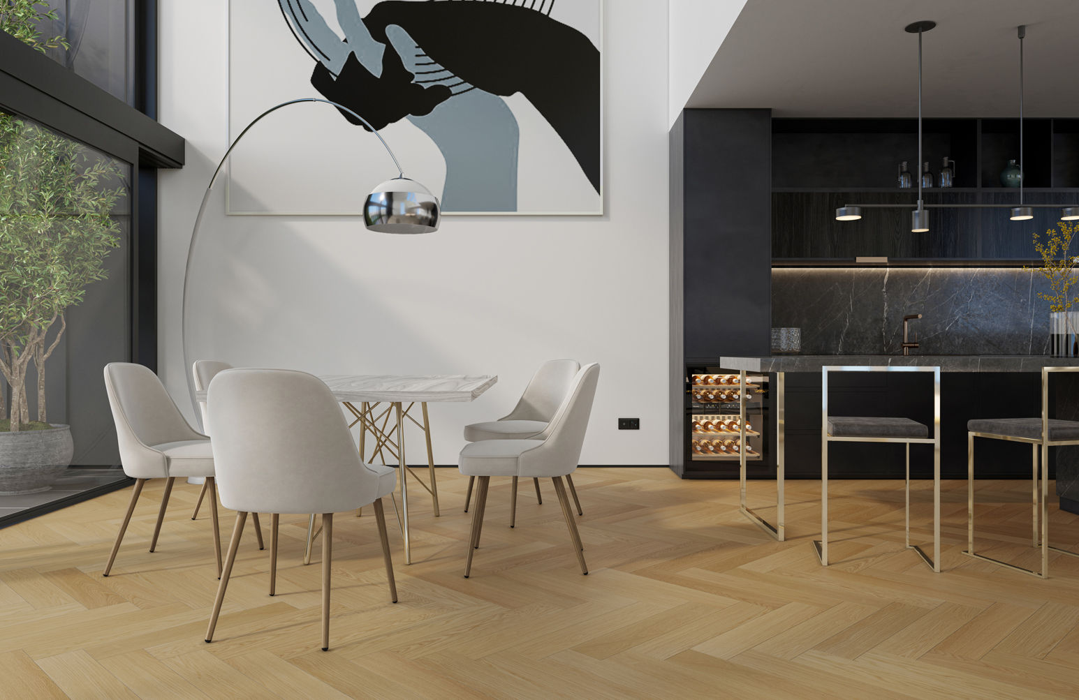 Композитная паркетная доска Quartz Parquet Елка Дуб тоскана 33-407 венгерская елка 635×127×5 фото в интерьере