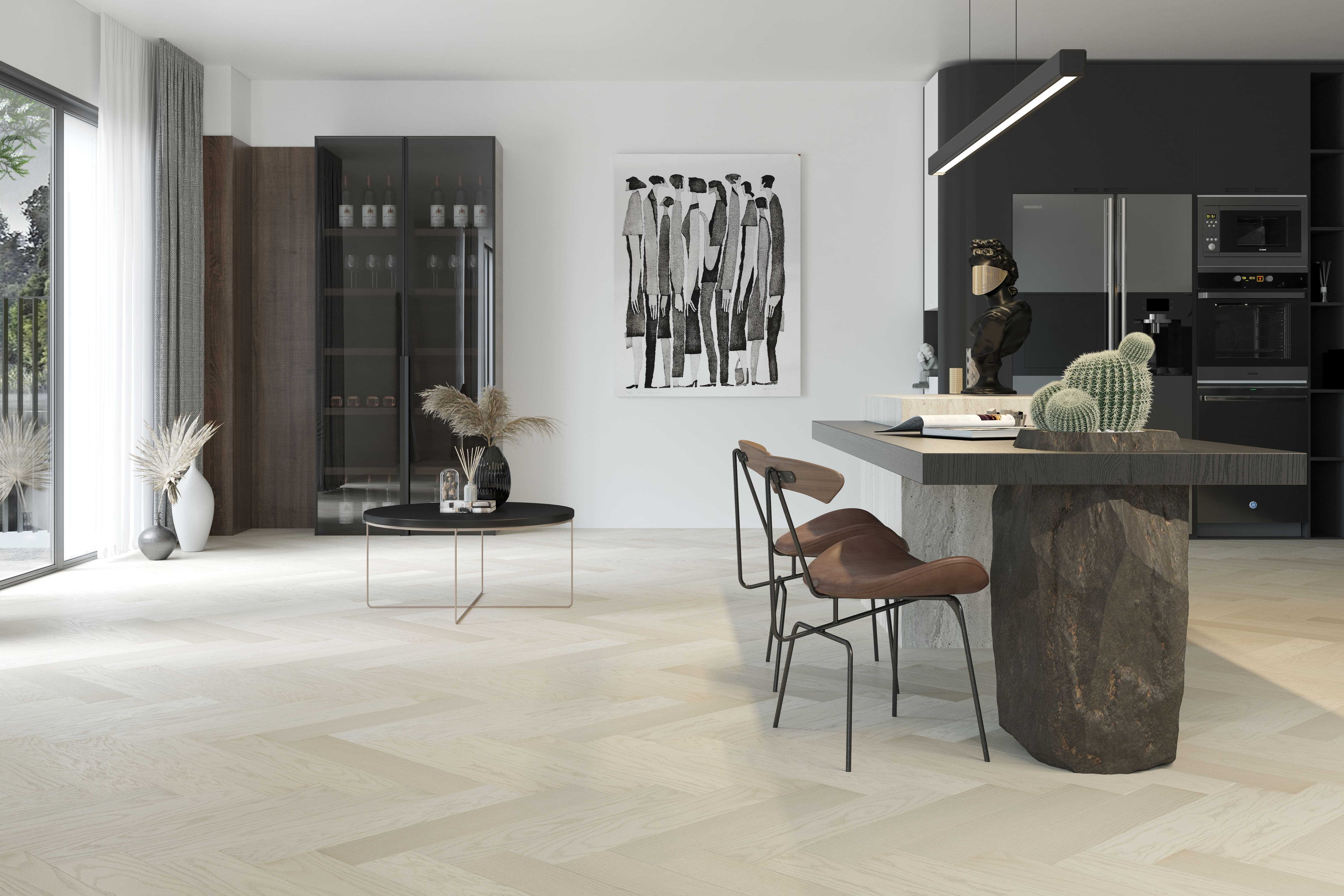 Композитная паркетная доска Quartz Parquet Елка Дуб песочный 33-408 венгерская елка 635×127×5 фото в интерьере