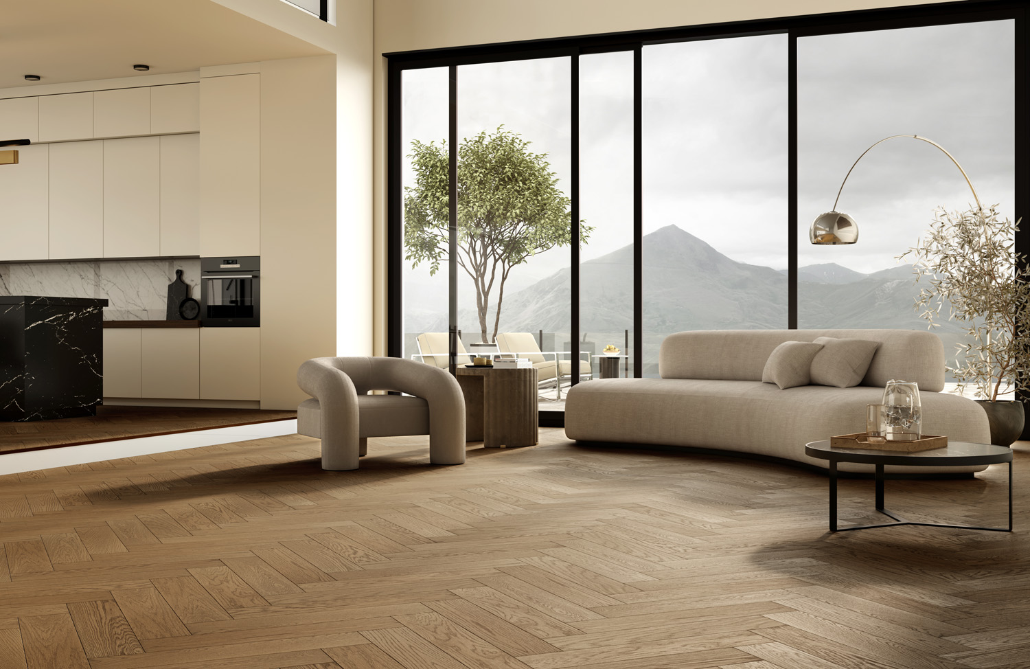 Композитная паркетная доска Quartz Parquet Елка Дуб рустикальный 33-410 венгерская елка 635×127×5 фото в интерьере