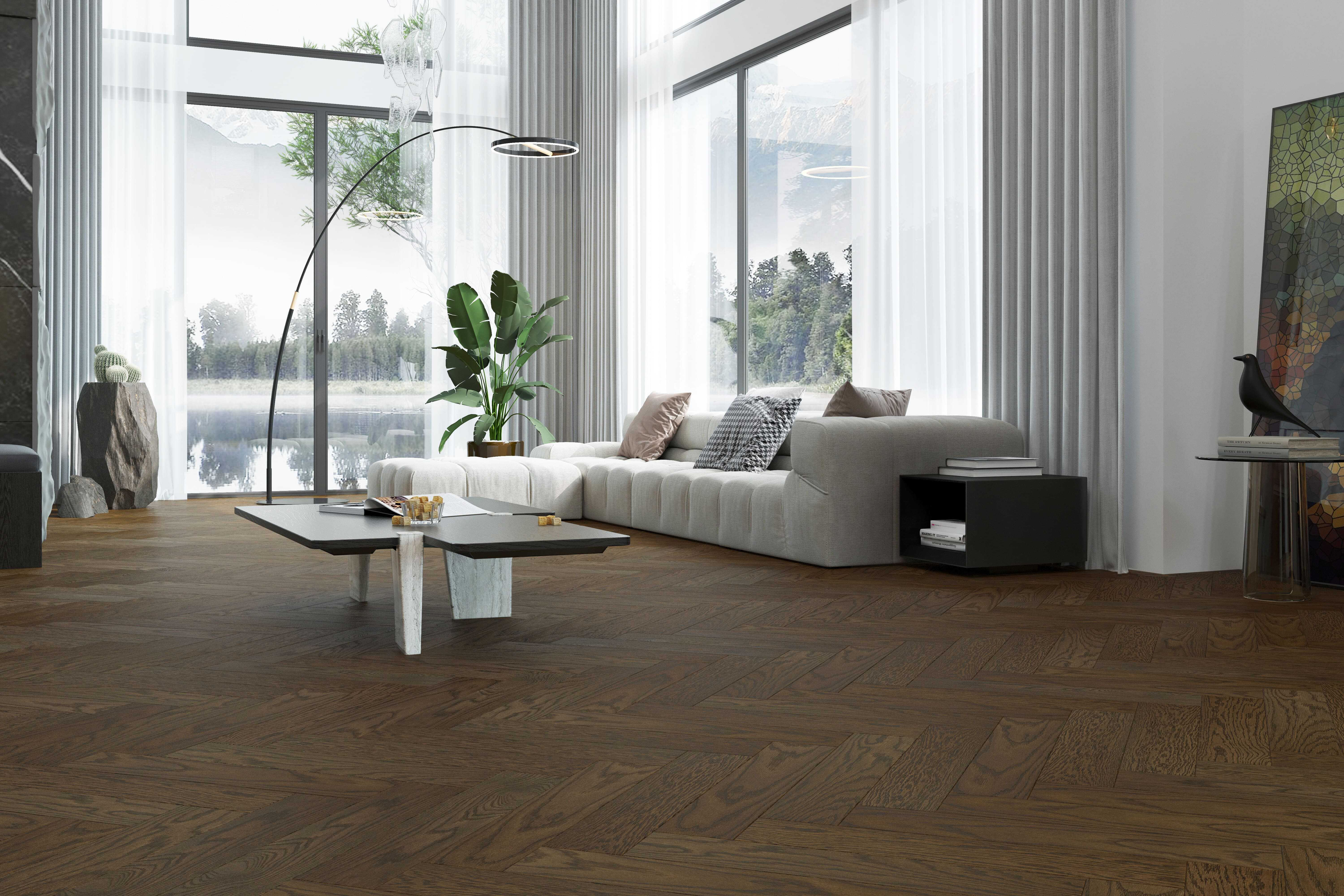 Композитная паркетная доска Quartz Parquet Елка Дуб брауни 33-413 венгерская елка 635×127×5 фото в интерьере