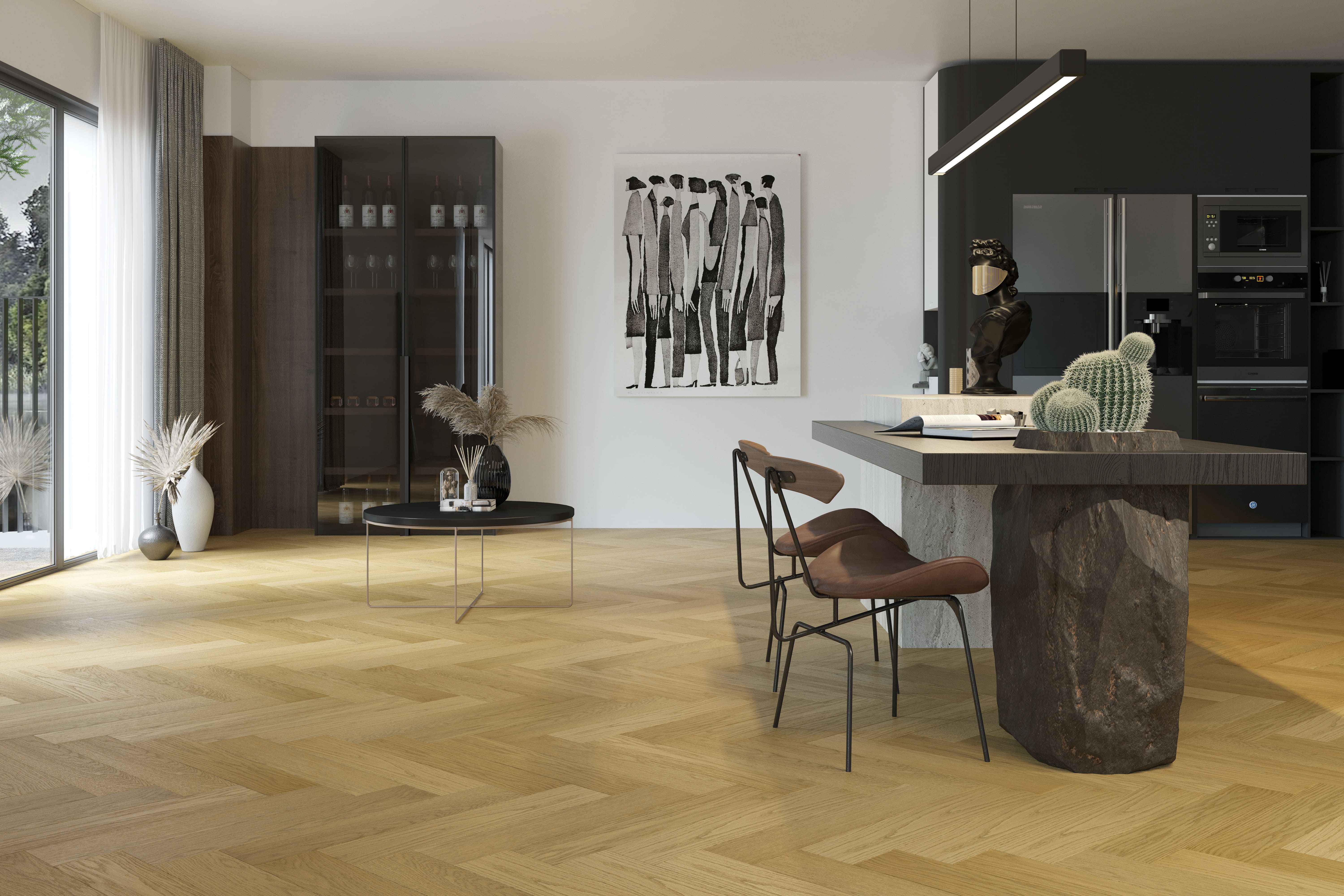 Композитная паркетная доска Quartz Parquet Елка Дуб медовый раф 33-463 венгерская елка 635×127×5 фото в интерьере