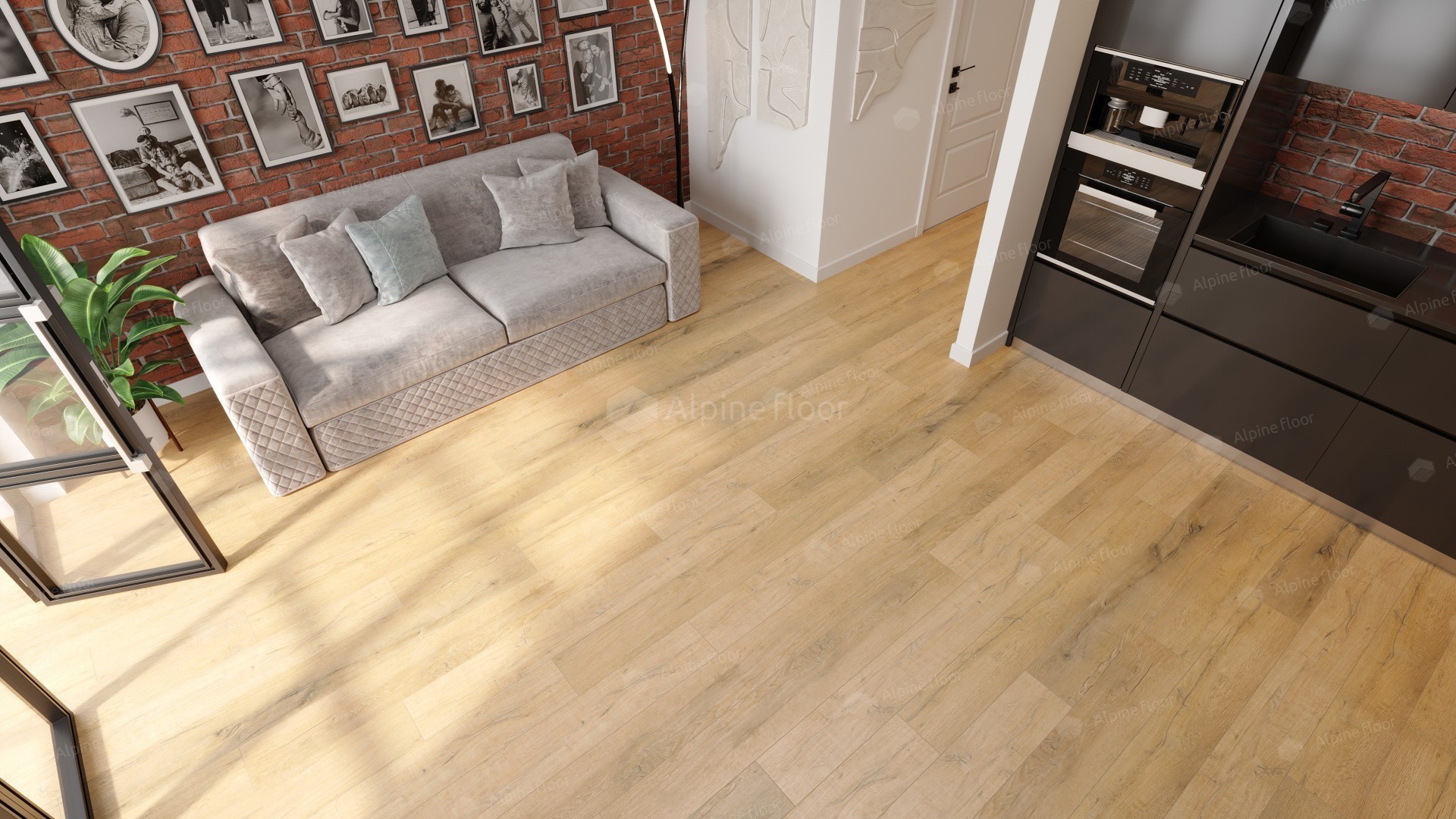 Кварцвиниловый SPC ламинат Alpine Floor Premium XL Дуб Медовый ECO 7-16 1220×183×8 фото в интерьере