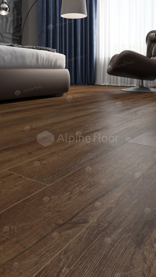 Кварцвиниловый SPC ламинат Alpine Floor Premium XL Дуб Шоколадный ECO 7-18 1220×183×8 фото в интерьере