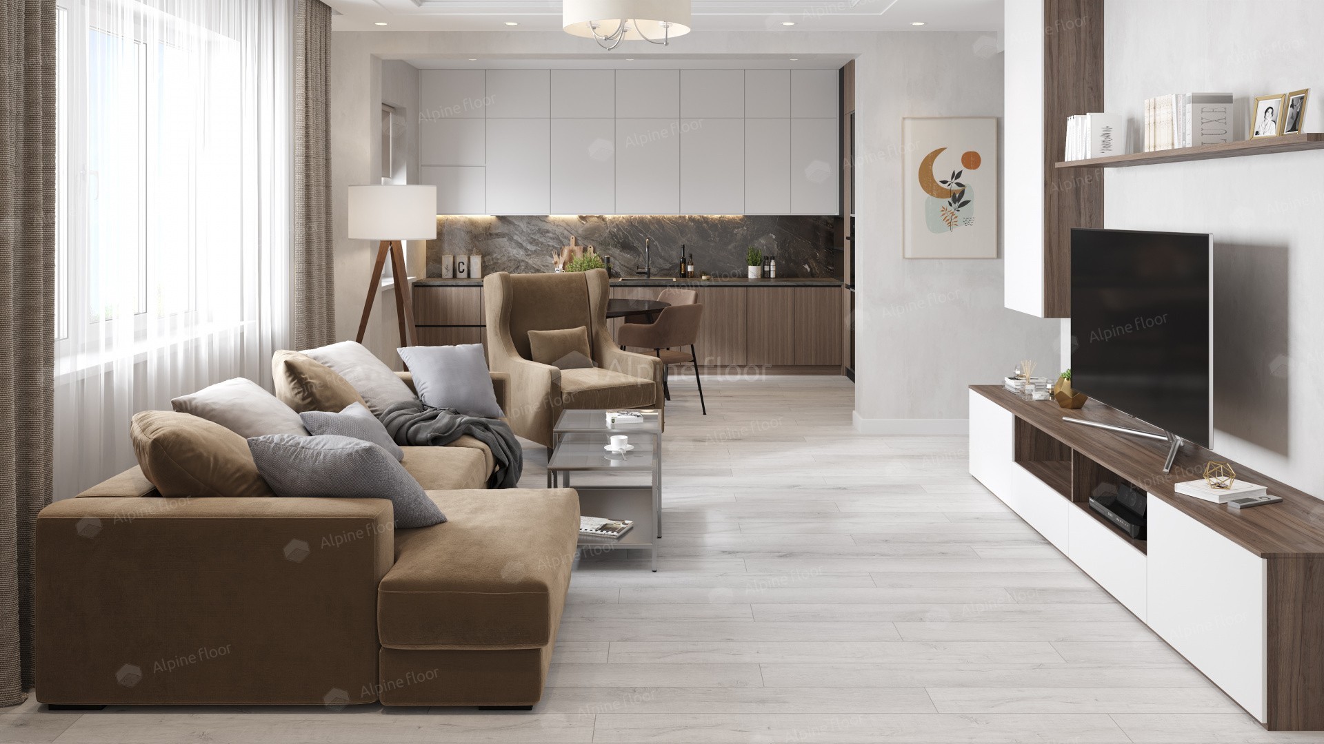 Кварцвиниловый SPC ламинат Alpine Floor Premium XL Дуб Морская пена ECO 7-21 1220×183×8 фото в интерьере