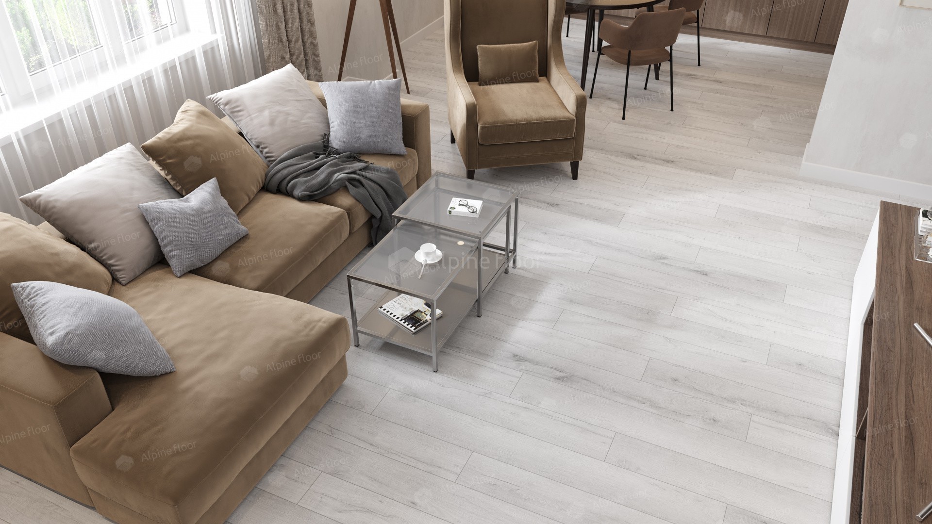 Кварцвиниловый SPC ламинат Alpine Floor Premium XL Дуб Морская пена ECO 7-21 1220×183×8 фото в интерьере