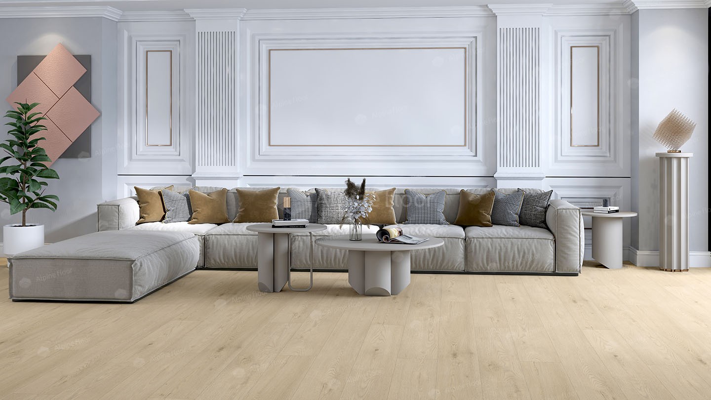 Кварцвиниловый SPC ламинат Alpine Floor Premium XL Дуб Мориа ECO 7-28 1800×229×8 фото в интерьере