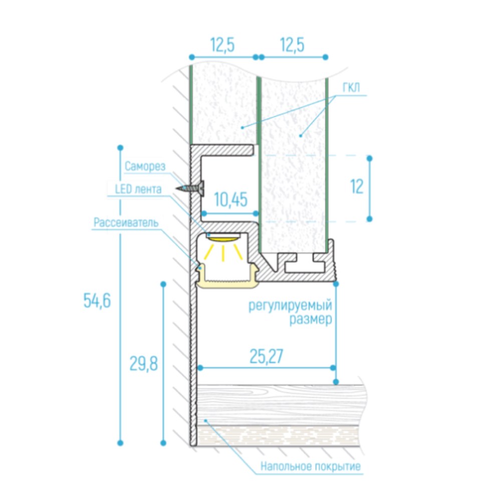Плинтус алюминиевый теневой с подсветкой Kraab systems GIPPS 2000×54,6×25,27