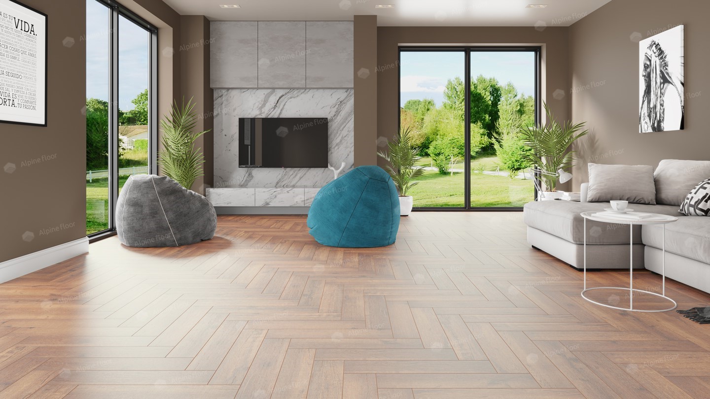 Кварцвиниловая плитка Alpine Floor клеевая Parquet LVT Дуб Royal ECO 16-2 венгерская елка 590×118×2,5 фото в интерьере