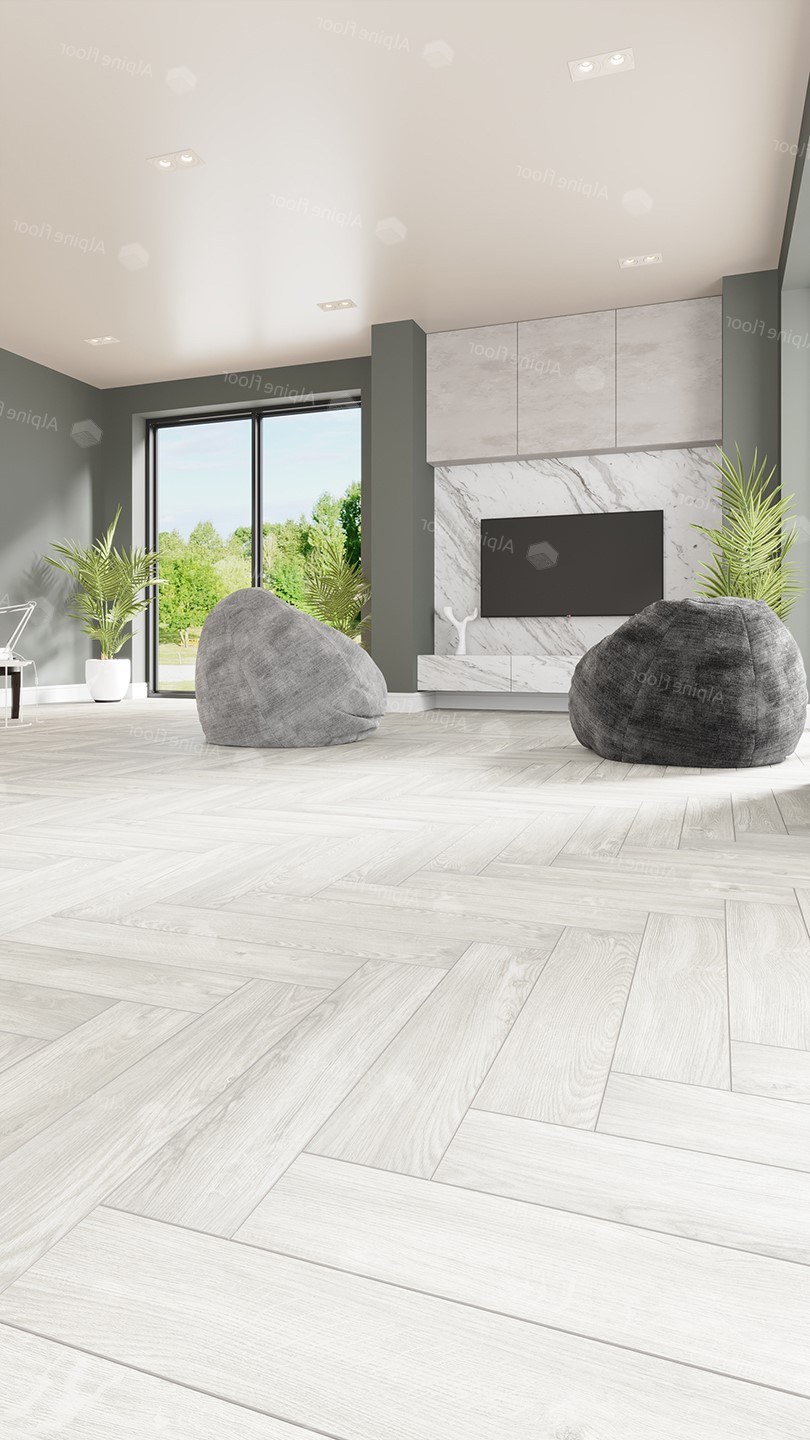 Кварцвиниловая плитка Alpine Floor клеевая Parquet LVT Дуб Арктик ECO 16-4 венгерская елка 590×118×2,5 фото в интерьере