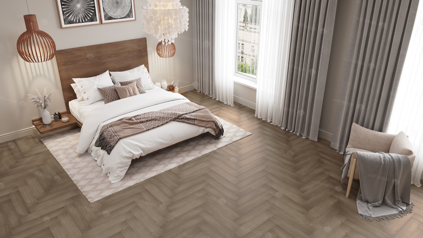 Кварцвиниловая плитка Alpine Floor клеевая Parquet LVT Дуб Насыщенный ECO 16-7 венгерская елка 590×118×2,5 фото в интерьере