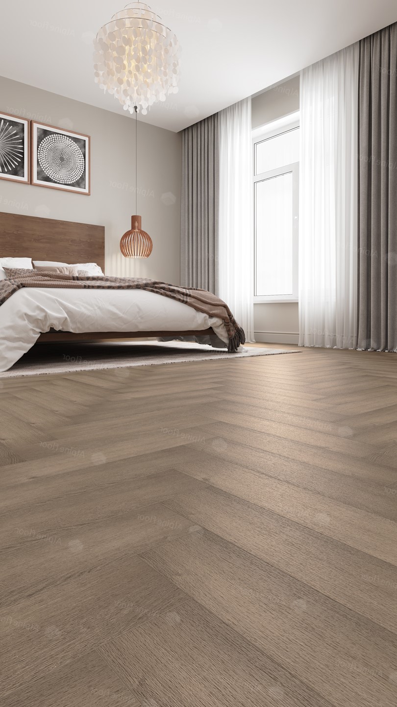 Кварцвиниловая плитка Alpine Floor клеевая Parquet LVT Дуб Насыщенный ECO 16-7 венгерская елка 590×118×2,5 фото в интерьере