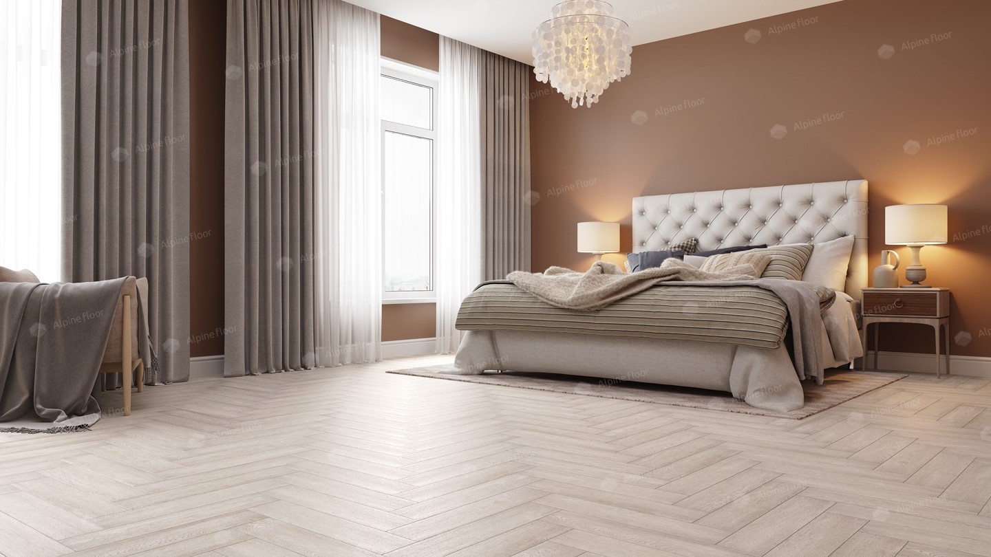 Кварцвиниловая плитка Alpine Floor клеевая Parquet LVT Голубой Лес ECO 16-9 венгерская елка 590×118×2,5 фото в интерьере