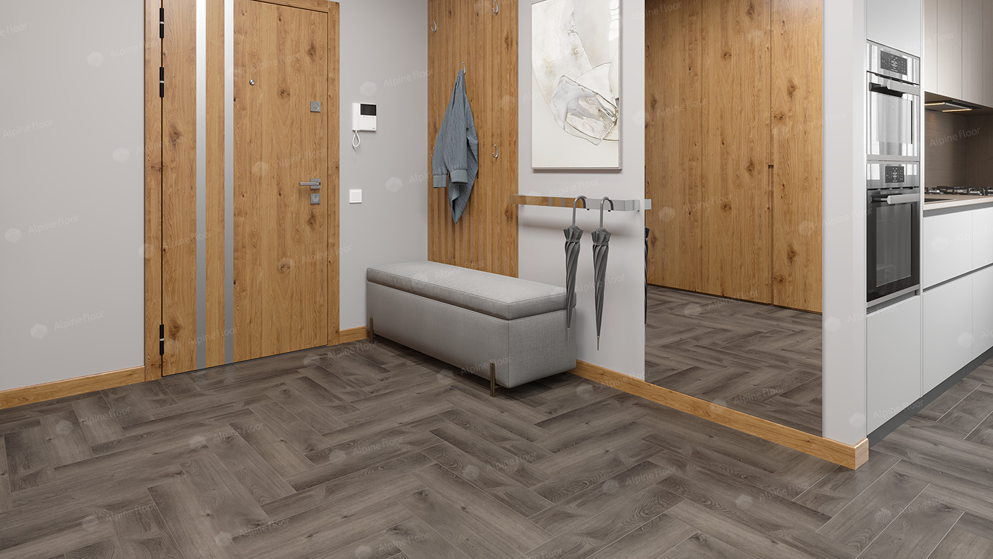 Кварцвиниловая плитка Alpine Floor клеевая Parquet LVT Дуб Мерга ECO 16-13 венгерская елка 590×118×2,5 фото в интерьере