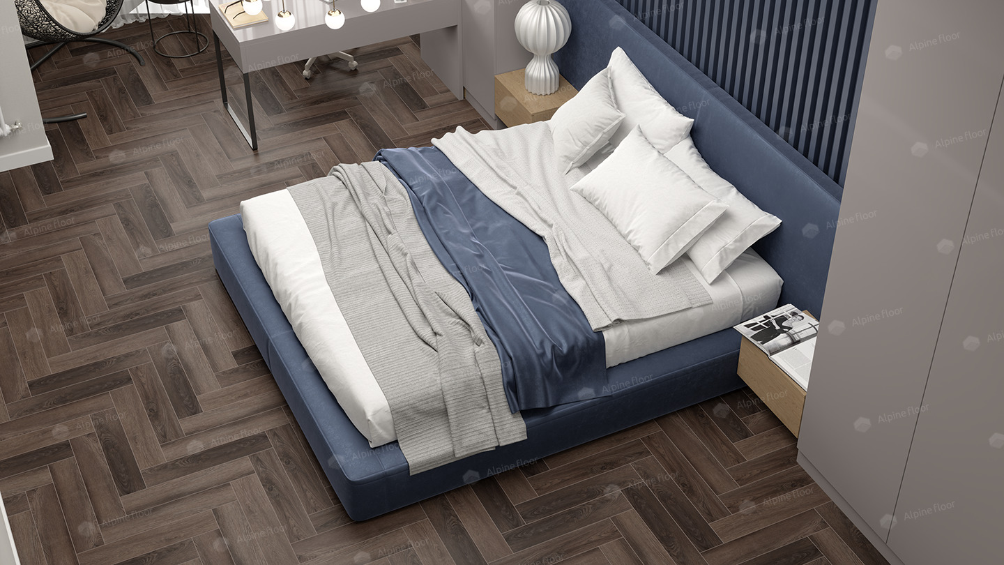 Кварцвиниловая плитка Alpine Floor клеевая Parquet LVT Фафнир ECO 16-16 венгерская елка 590×118×2,5 фото в интерьере