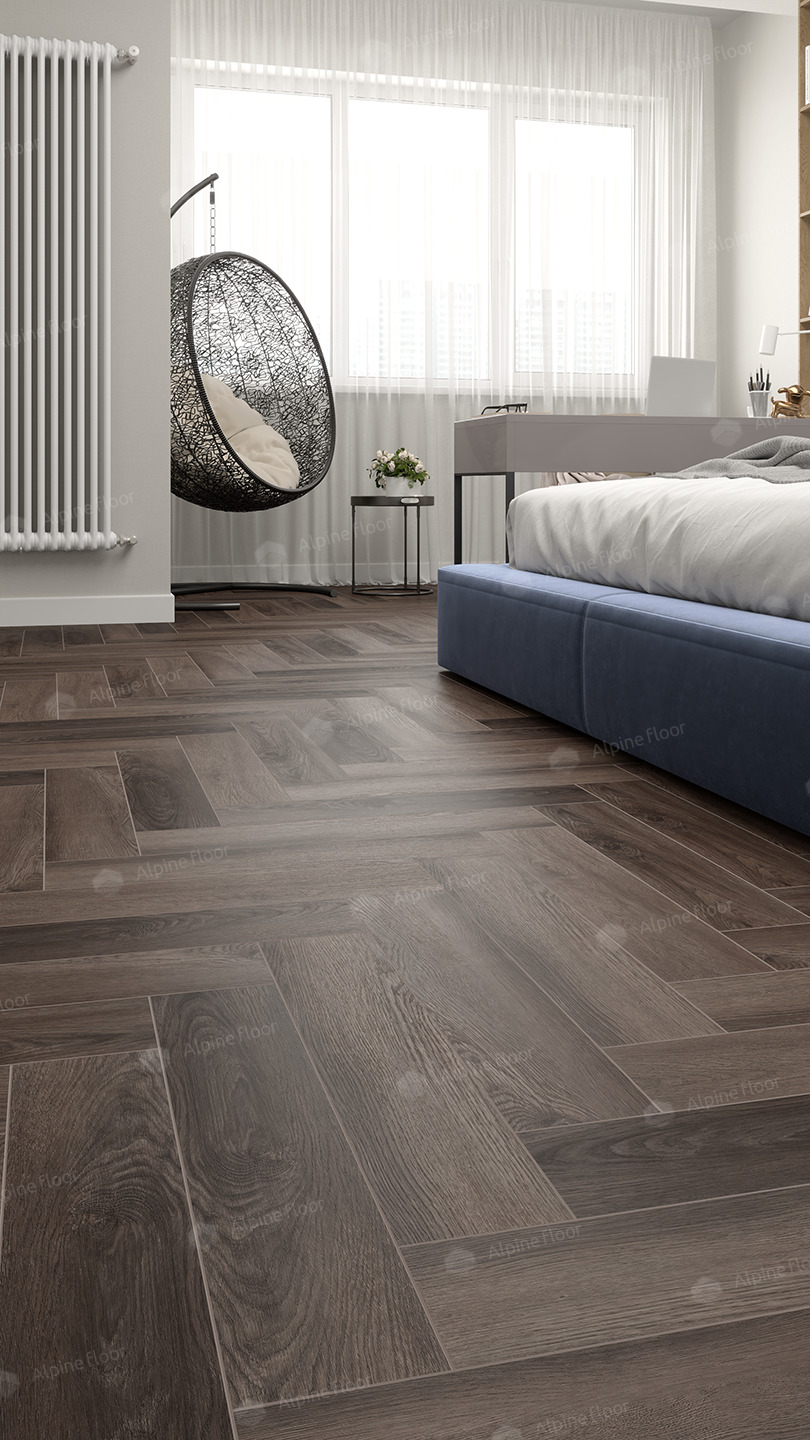 Кварцвиниловая плитка Alpine Floor клеевая Parquet LVT Фафнир ECO 16-16 венгерская елка 590×118×2,5 фото в интерьере