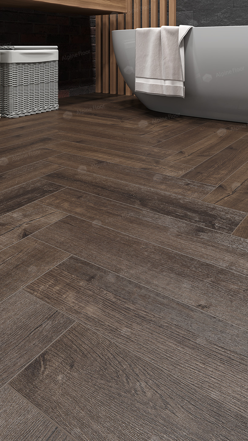 Кварцвиниловая плитка Alpine Floor клеевая Parquet LVT Дуб Альферац ECO 16-22 венгерская елка 590×118×2,5 фото в интерьере
