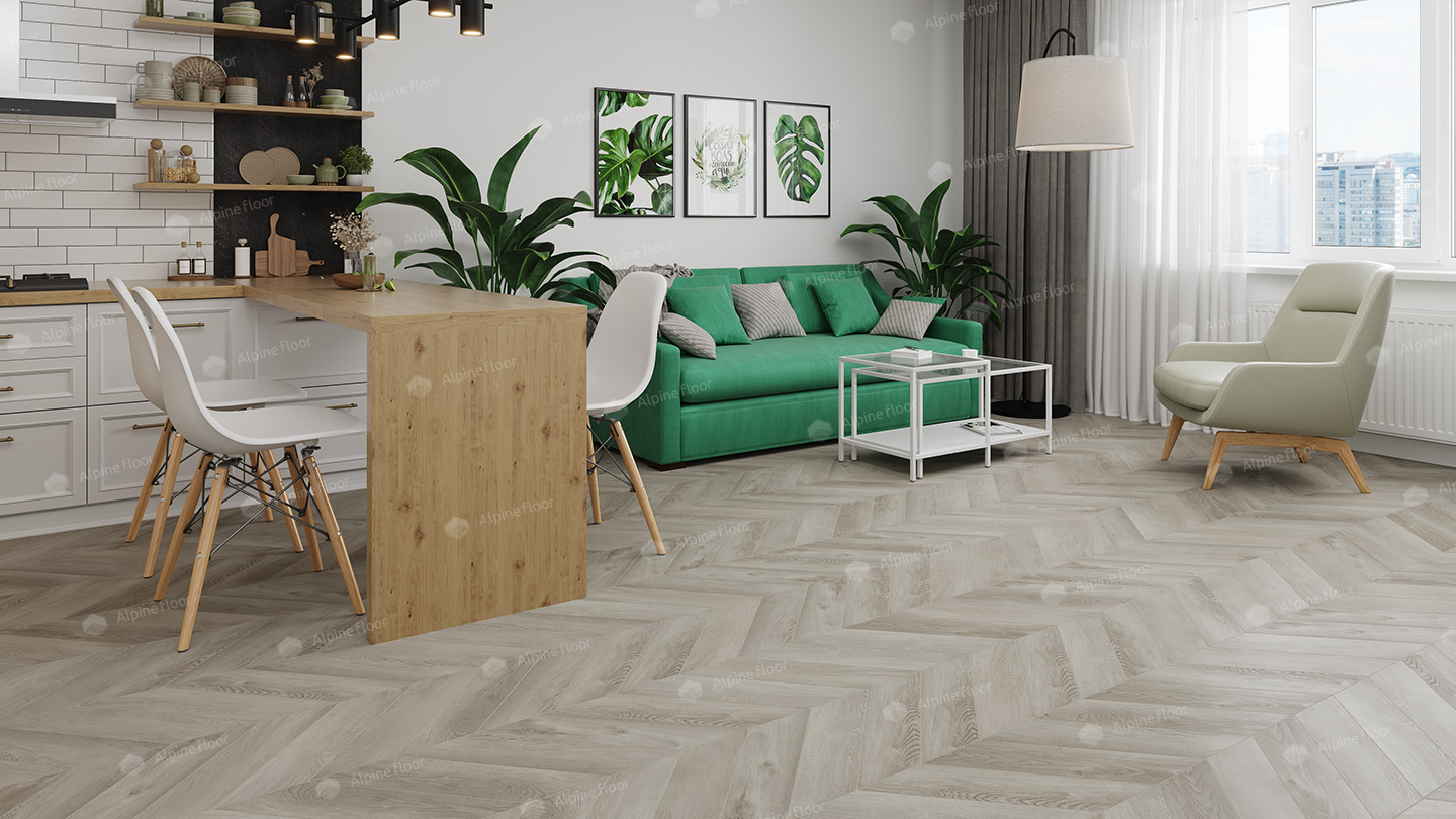 Кварцвиниловый SPC ламинат Alpine Floor Chevron Alpine Дуб Фантазия ECO 18-1 французская елка 600×127×5 фото в интерьере