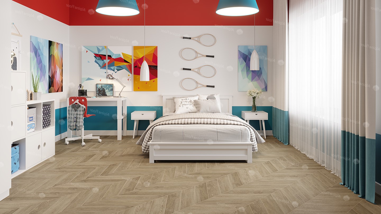 Кварцвиниловый SPC ламинат Alpine Floor Chevron Alpine Дуб Ваниль Селект ECO 18-2 французская елка 600×127×5 фото в интерьере