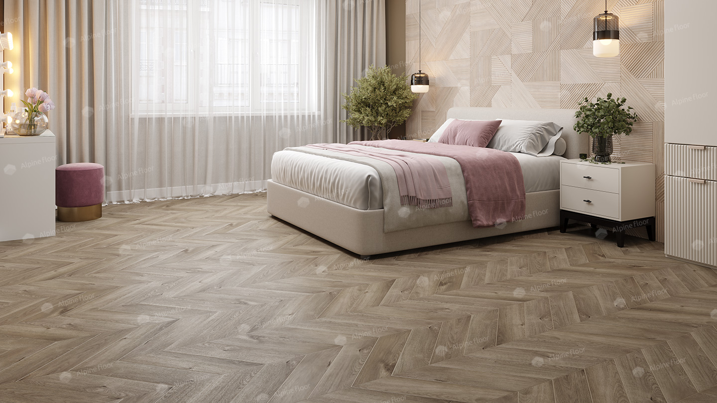 Кварцвиниловый SPC ламинат Alpine Floor Chevron Alpine Дуб Натуральный Отбеленный ECO 18-3 французская елка 600×127×5 фото в интерьере