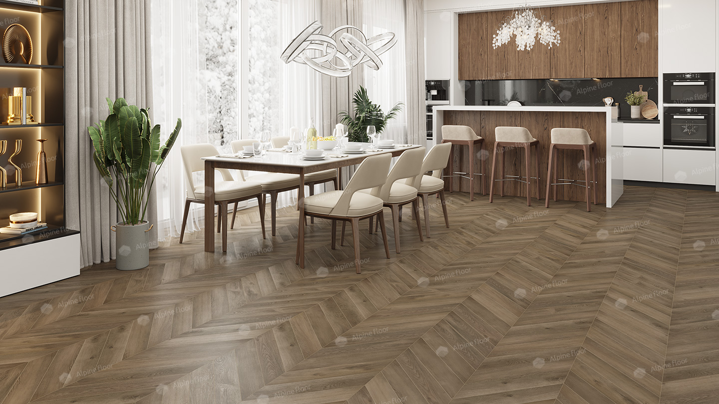 Кварцвиниловый SPC ламинат Alpine Floor Chevron Alpine Дуб Насыщенный ECO 18-4 французская елка 600×127×5 фото в интерьере